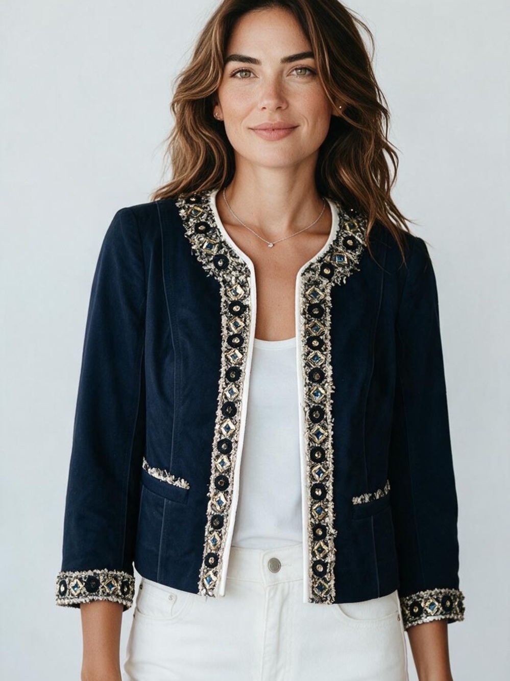 White House Black Market Size 6 Navy Embellished Tweed Trim Lady Jacket